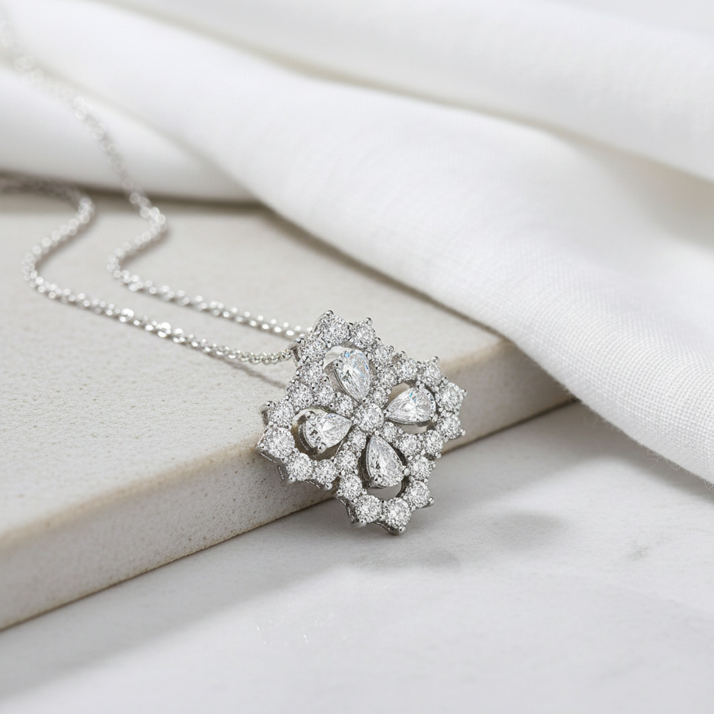 Bold&Chice Luxury Floral Cluster Moissanite Pendant Necklace, S925 Silver Lab Created Diamond, Shiny Pear & Round Statement Necklace for Her