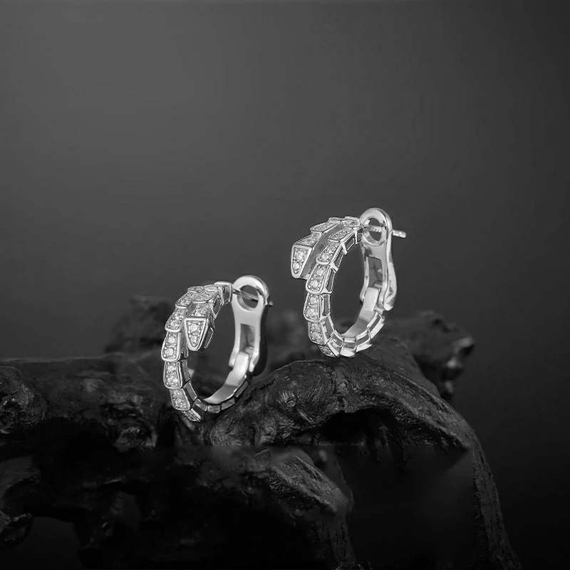 Bold&Chice Luxury Serpentine Pave Moissanite Huggie Earrings, 18K Gold Plated S925 Silver Lab Grown Diamond , Shiny Snake Statement Earrings for Her