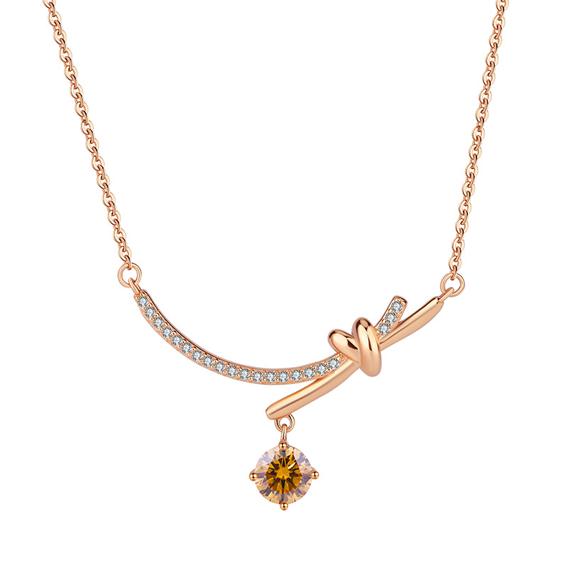 Bold&Chice Bow Knot Moissanite Necklace, 1CT Lab Created Moissanite Pendant, Rose Gold Plated Curved Bar Necklace for Women