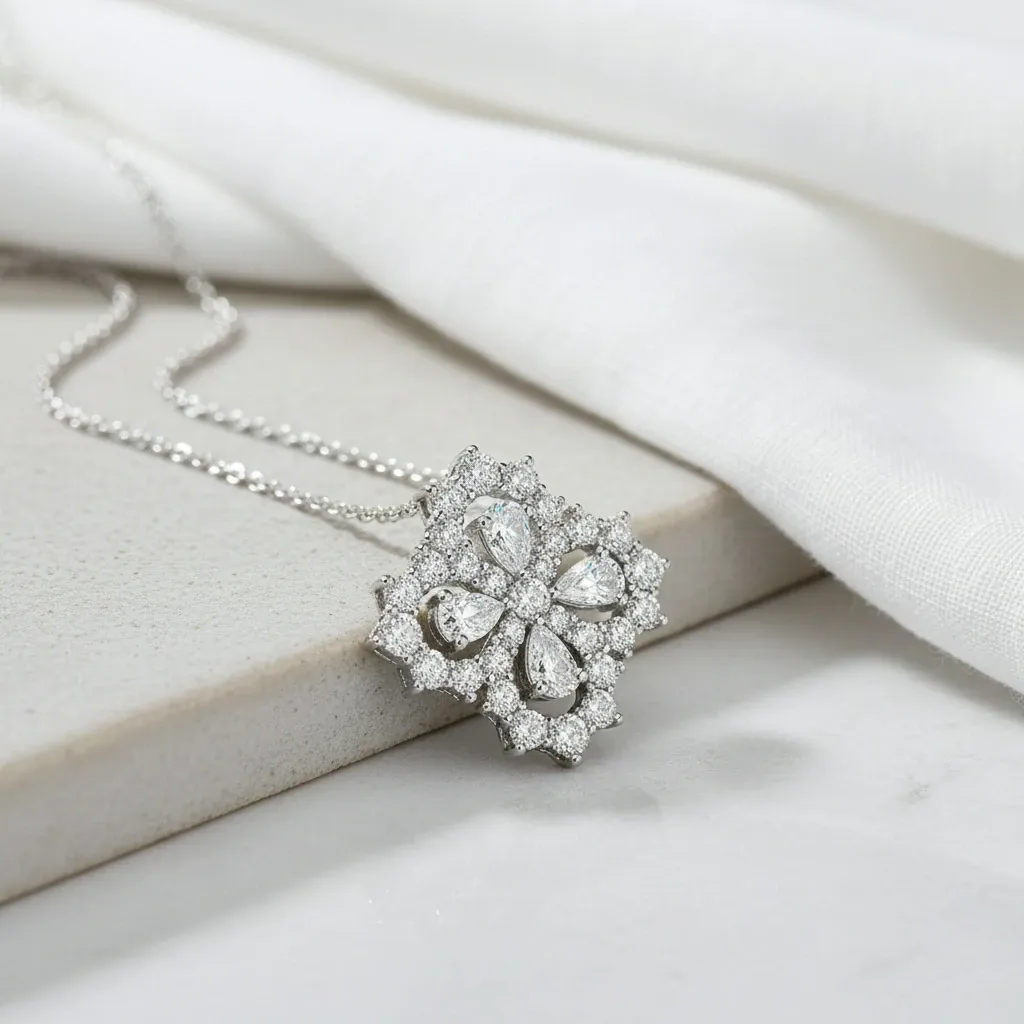 Bold&Chice Luxury Floral Cluster Moissanite Pendant Necklace, S925 Silver Lab Created Diamond, Shiny Pear & Round Statement Necklace for Her