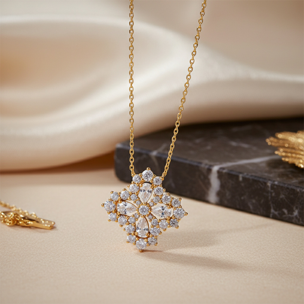 Bold&Chice Luxury Floral Cluster Moissanite Pendant Necklace, S925 Silver Lab Created Diamond, Shiny Pear & Round Statement Necklace for Her