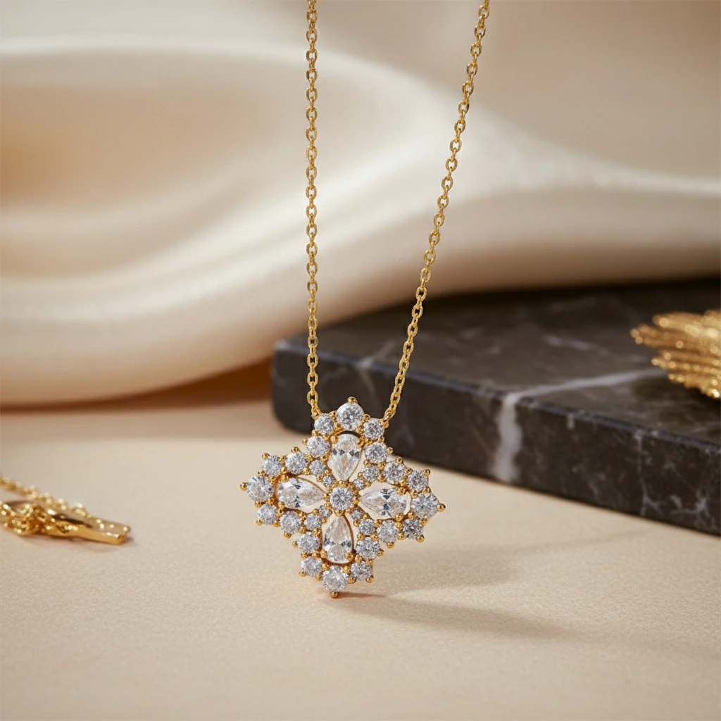 Bold&Chice Luxury Floral Cluster Moissanite Pendant Necklace, S925 Silver Lab Created Diamond, Shiny Pear & Round Statement Necklace for Her