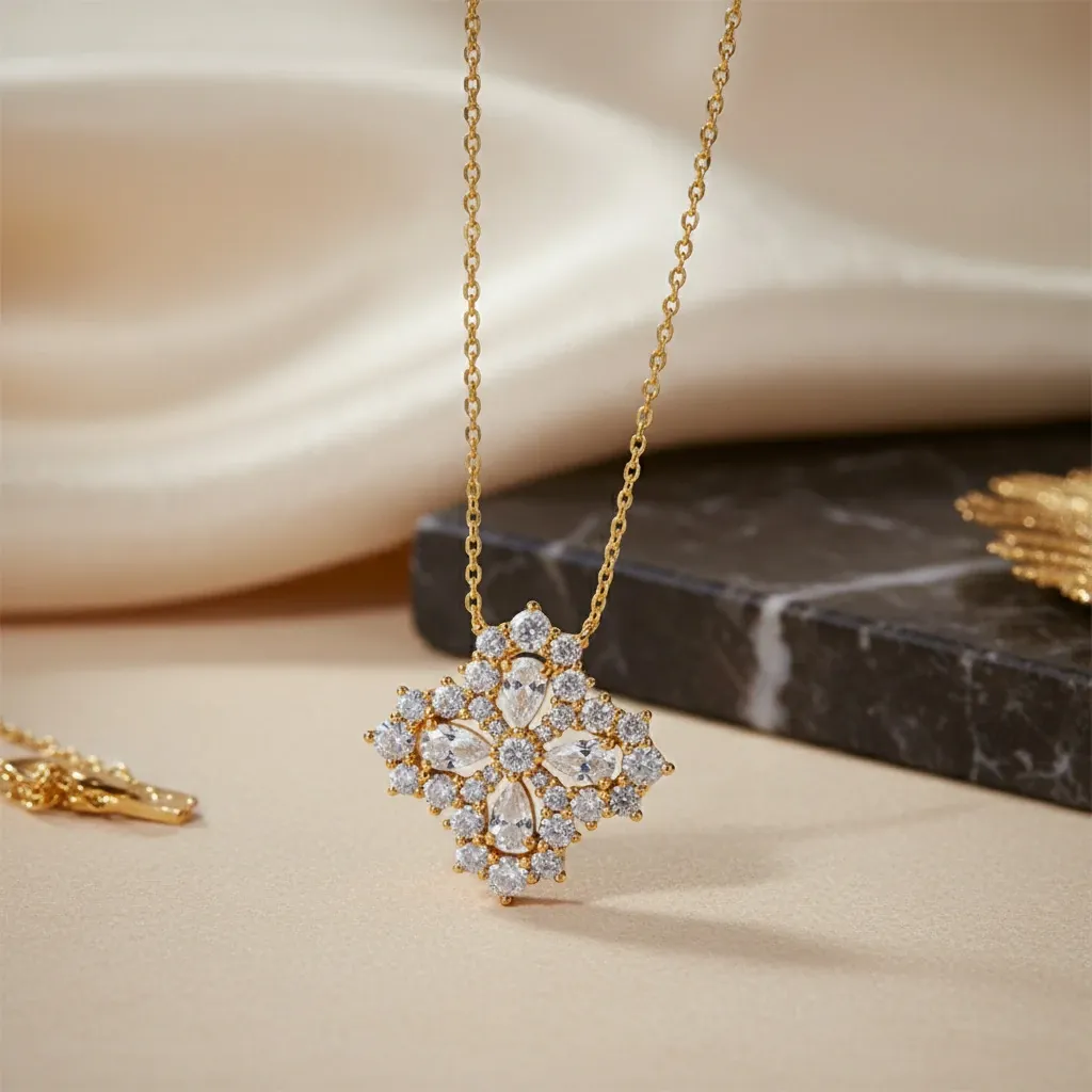 Bold&Chice Luxury Floral Cluster Moissanite Pendant Necklace, S925 Silver Lab Created Diamond, Shiny Pear & Round Statement Necklace for Her