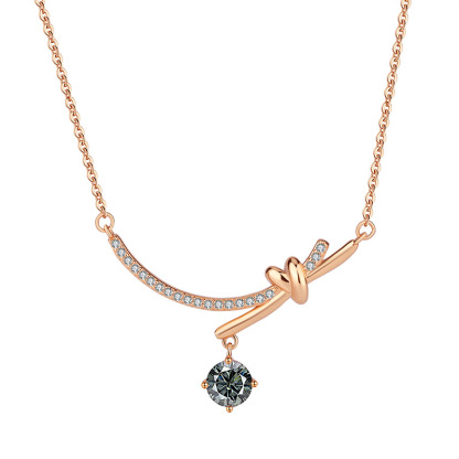 Bold&Chice Bow Knot Moissanite Necklace, 1CT Lab Created Moissanite Pendant, Rose Gold Plated Curved Bar Necklace for Women