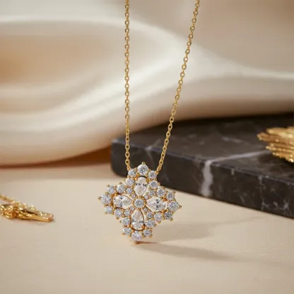 Bold&Chice Luxury Floral Cluster Moissanite Pendant Necklace, S925 Silver Lab Created Diamond, Shiny Pear & Round Statement Necklace for Her