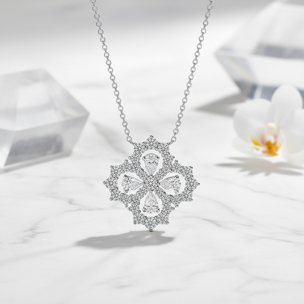 Bold&Chice Luxury Floral Cluster Moissanite Pendant Necklace, S925 Silver Lab Created Diamond, Shiny Pear & Round Statement Necklace for Her