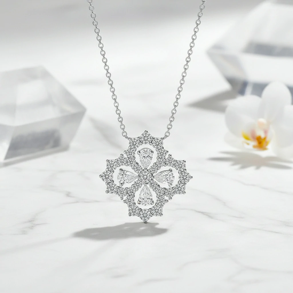 Bold&Chice Luxury Floral Cluster Moissanite Pendant Necklace, S925 Silver Lab Created Diamond, Shiny Pear & Round Statement Necklace for Her