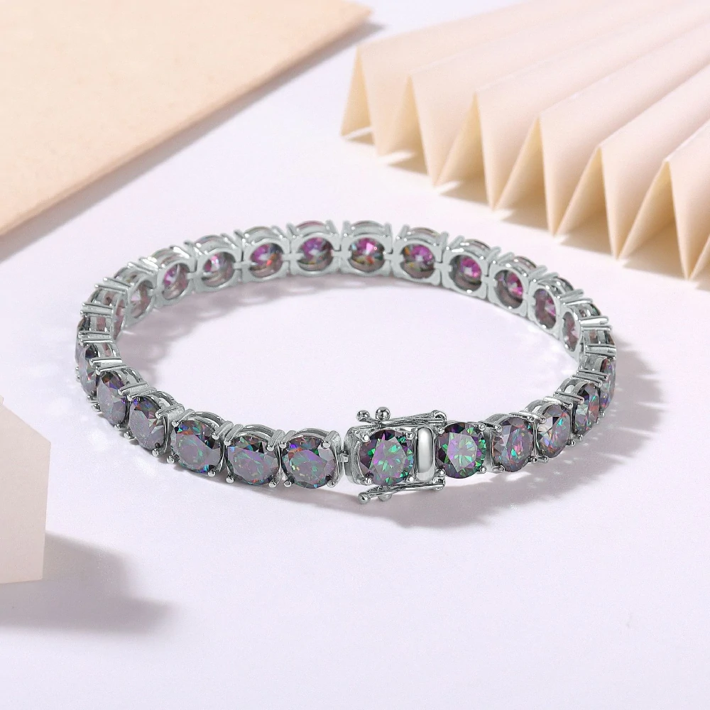 Bold&Chice Luxury Colorful Pave Moissanite Tennis Bracelet, S925 Silver Lab Created Diamond, Shiny Multicolor Statement Bracelet for Her