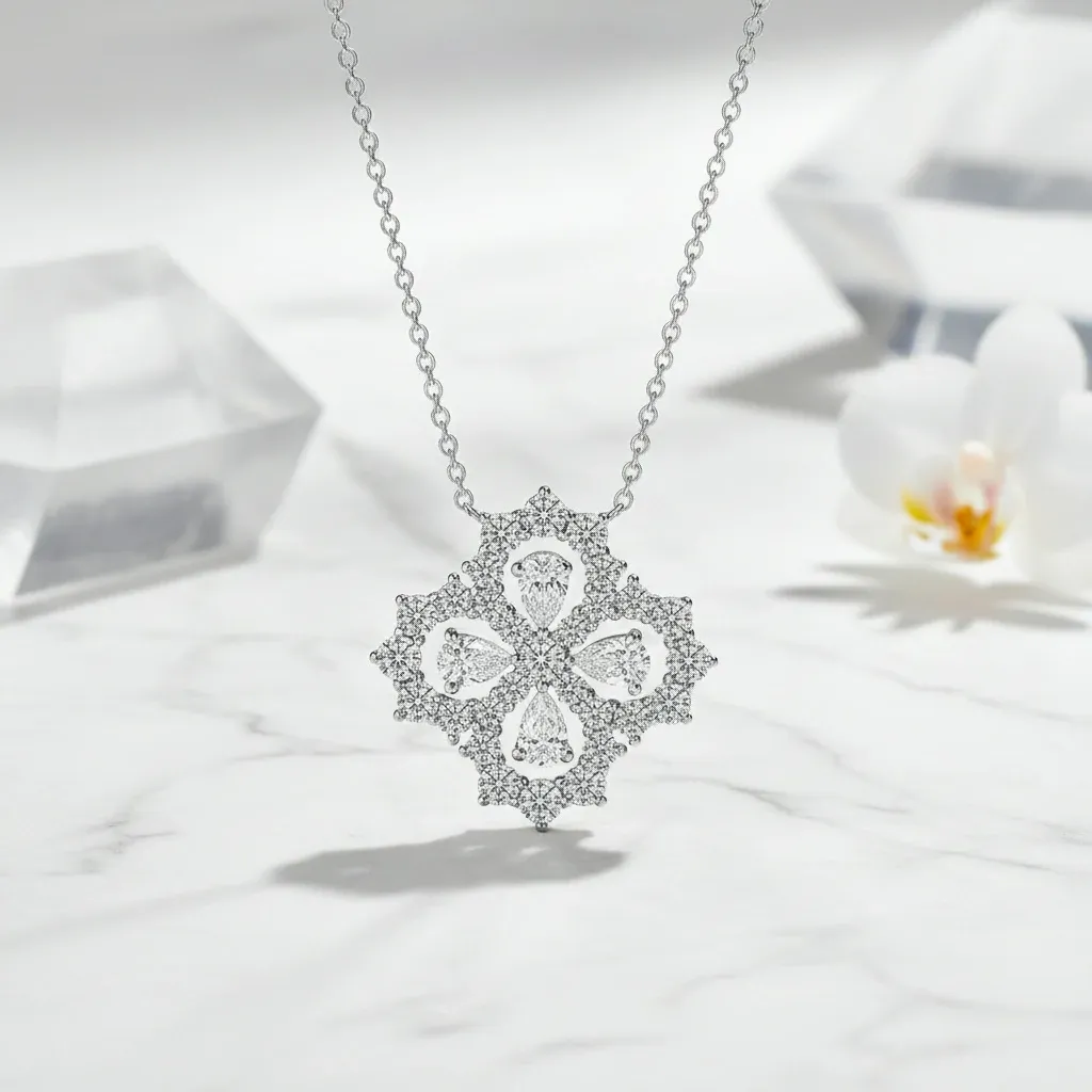 Bold&Chice Luxury Floral Cluster Moissanite Pendant Necklace, S925 Silver Lab Created Diamond, Shiny Pear & Round Statement Necklace for Her