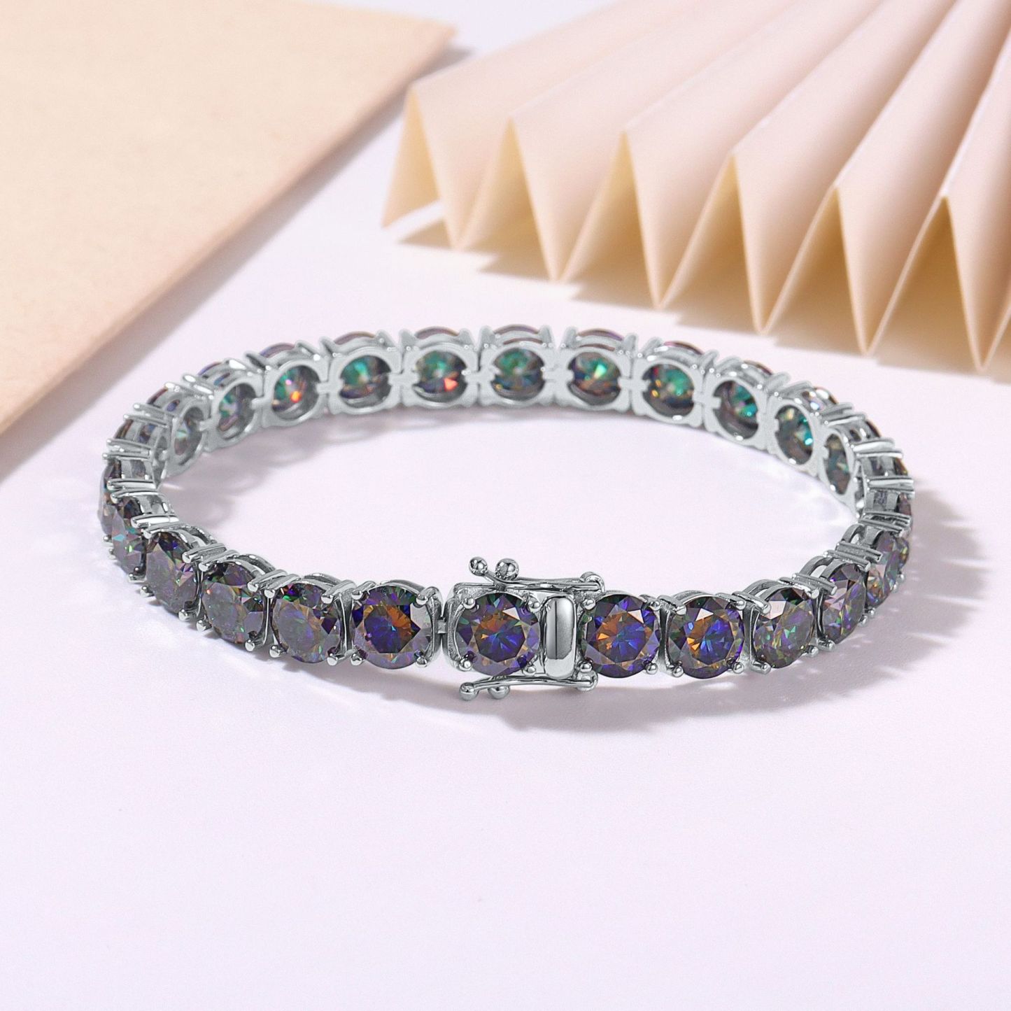 Bold&Chice Luxury Colorful Pave Moissanite Tennis Bracelet, S925 Silver Lab Created Diamond, Shiny Multicolor Statement Bracelet for Her
