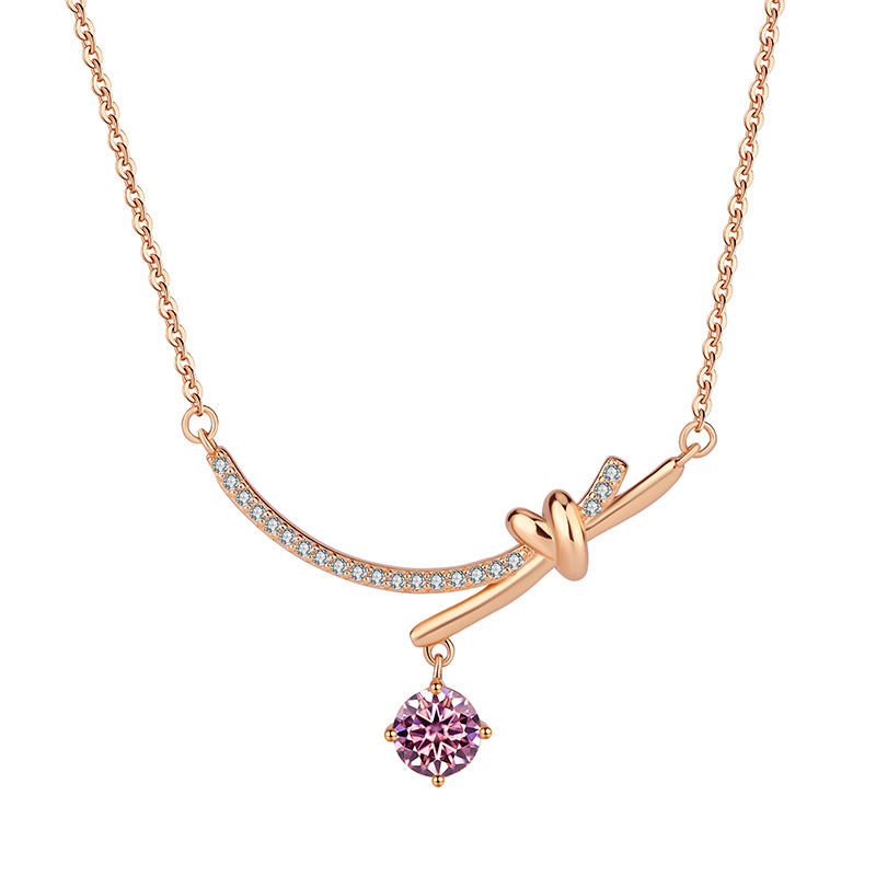 Bold&Chice Bow Knot Moissanite Necklace, 1CT Lab Created Moissanite Pendant, Rose Gold Plated Curved Bar Necklace for Women