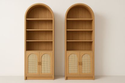 Wooden Arched Bookshelves Set with Rattan Doors Natural Oak 180cm-Sleekwaysy