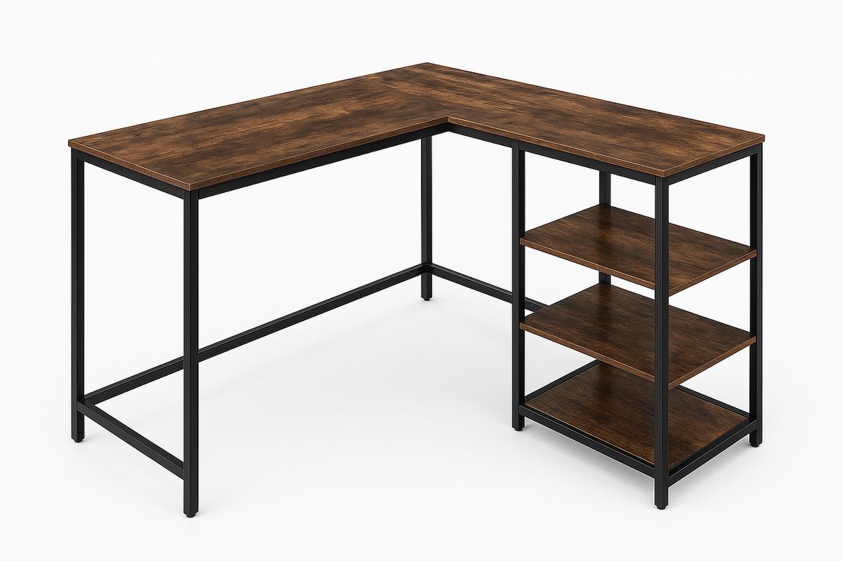 L-Shaped Office Desk with Shelves Particleboard Desktop Steel Frame Brown/Black-Sleekwaysy