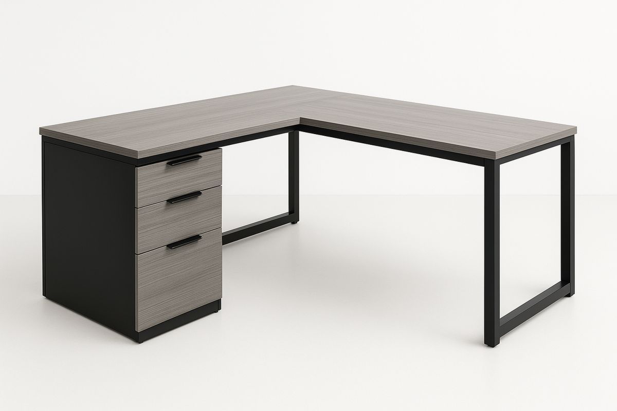 L-Shaped Office Desk Steel Frame 3 Drawers Black/Grey 160x140x75cm-Sleekwaysy