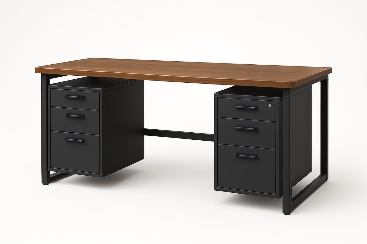 Metal Office Desk with Wood Top and Storage Drawers Black/Wood 160cm-Sleekwaysy
