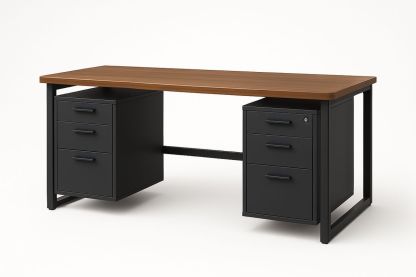 Metal Office Desk with Wood Top and Storage Drawers Black/Wood 160cm-Sleekwaysy