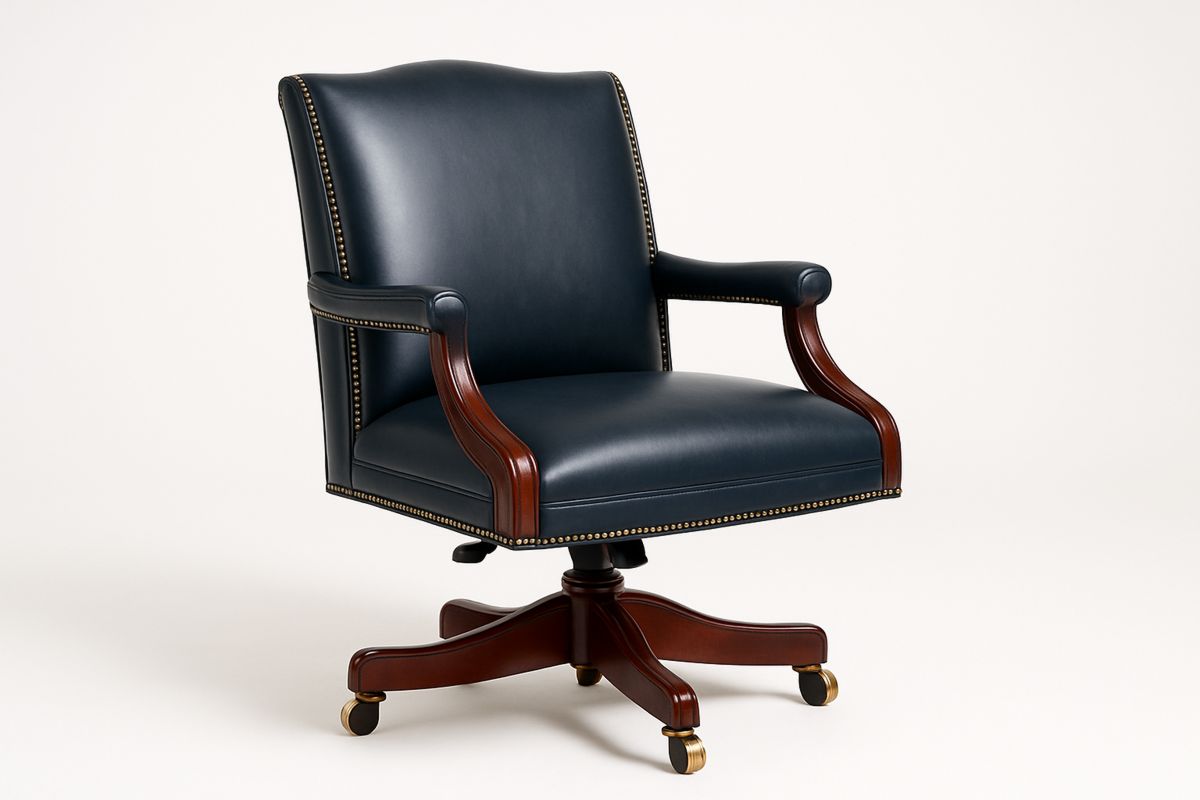 Leather Office Chair with Wooden Frame and Casters Blue-Sleekwaysy