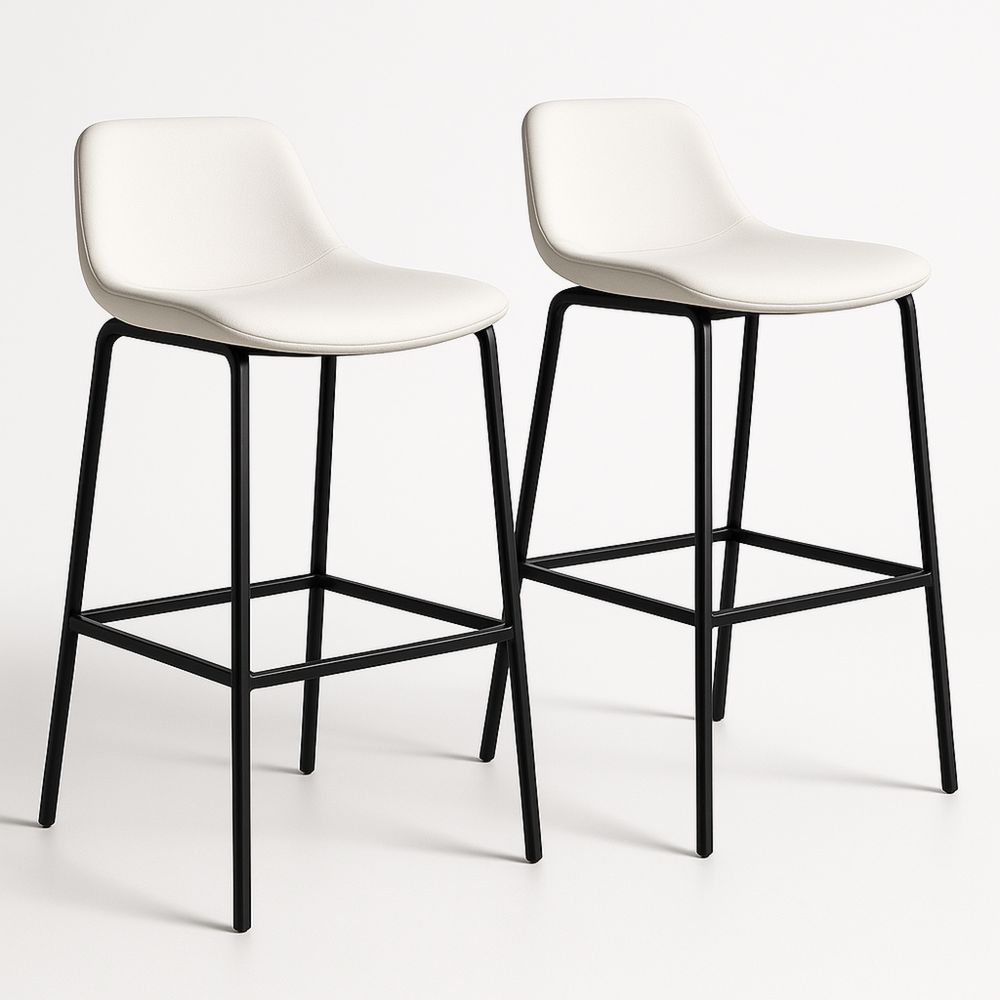 Set of 2 Bar Stools with Black Metal Frame and White PU Leather Seat-Formdecory