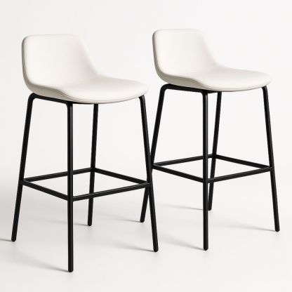 Set of 2 Bar Stools with Black Metal Frame and White PU Leather Seat-Formdecory