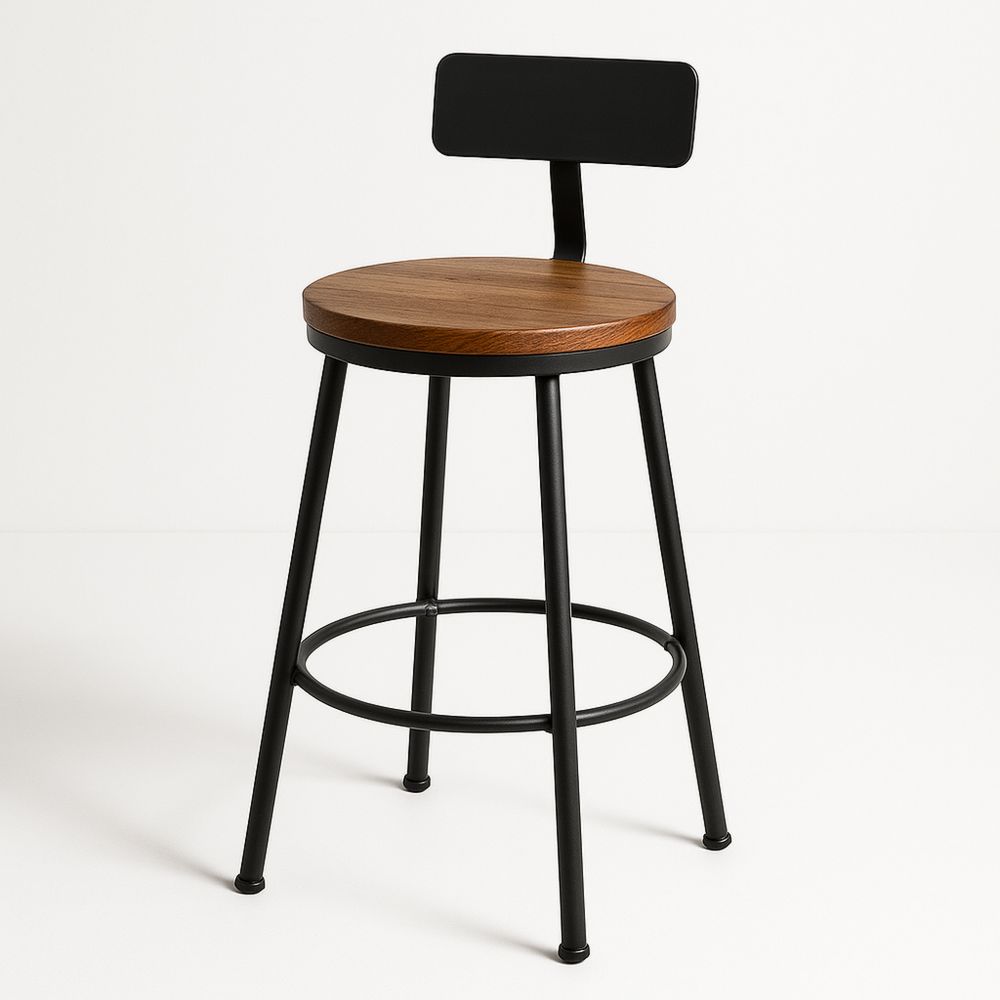 Black and Brown Wood Seat Metal Frame Bar Stool with Backrest-Formdecory