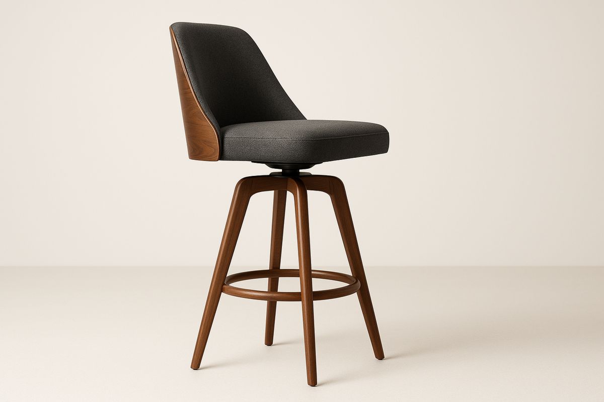 Swivel Bar Stool Dark Grey Fabric Walnut Veneer 112cm-Formdecory