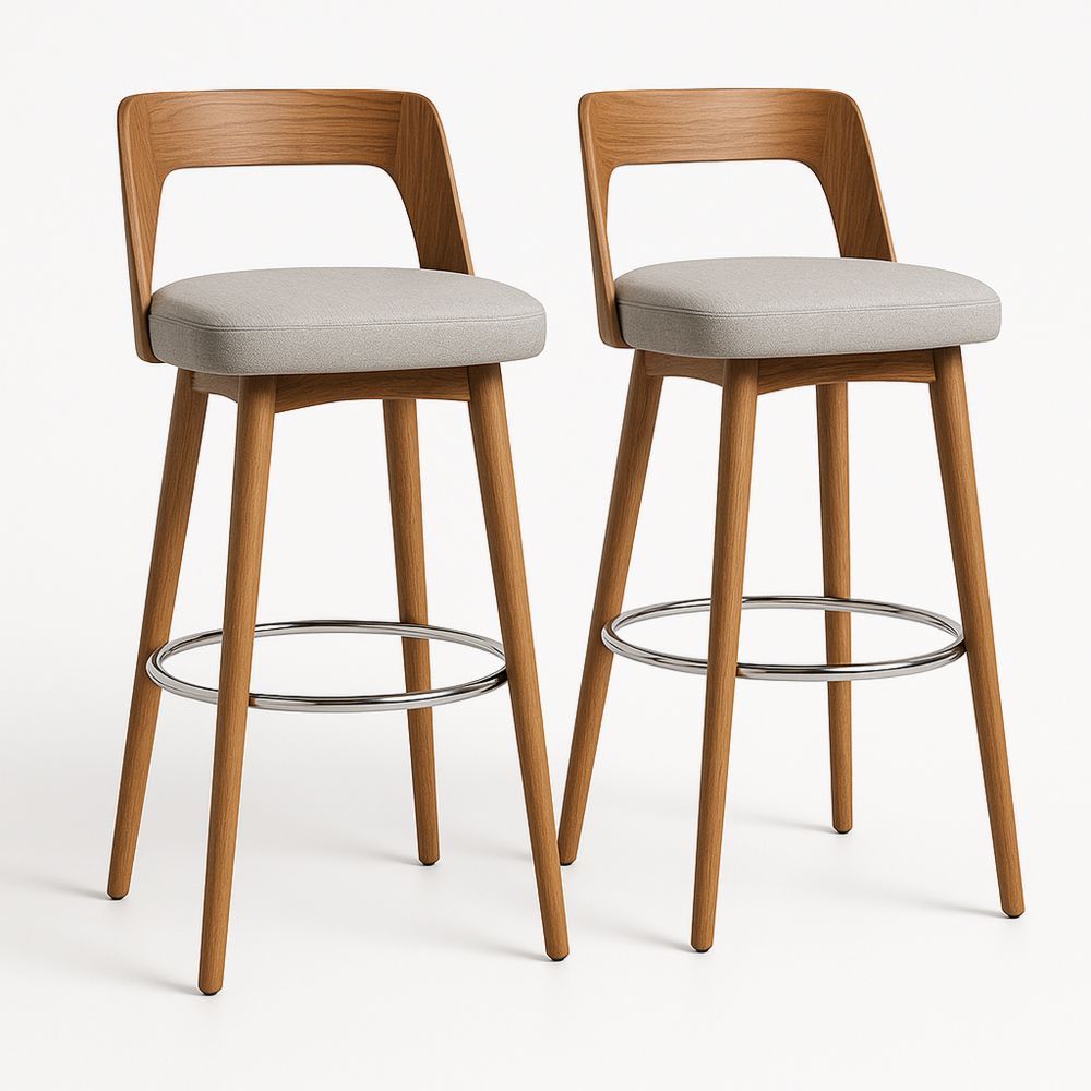 Set of 2 Oak Wood Bar Stools with Grey Upholstered Seats and Metal Footrest 75cm Height-Formdecory