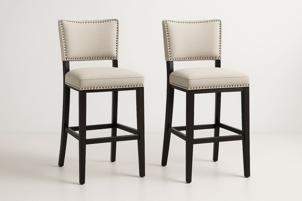 Set of 2 Beige Fabric Bar Stools with Dark Wood Frame, 110cm-Formdecory