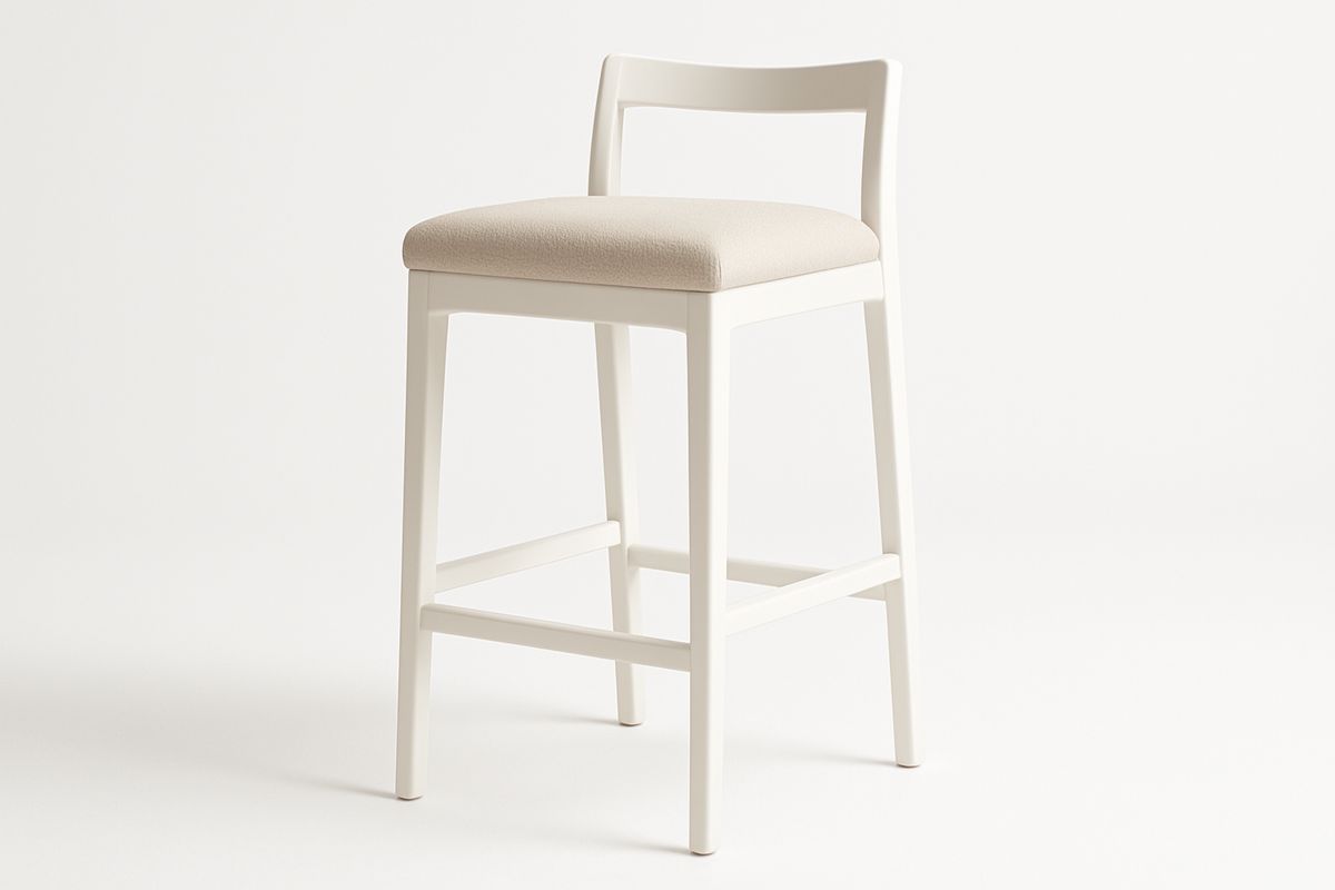 White Solid Wood Bar Stool with Beige Polyester Seat 75cm Height-Formdecory
