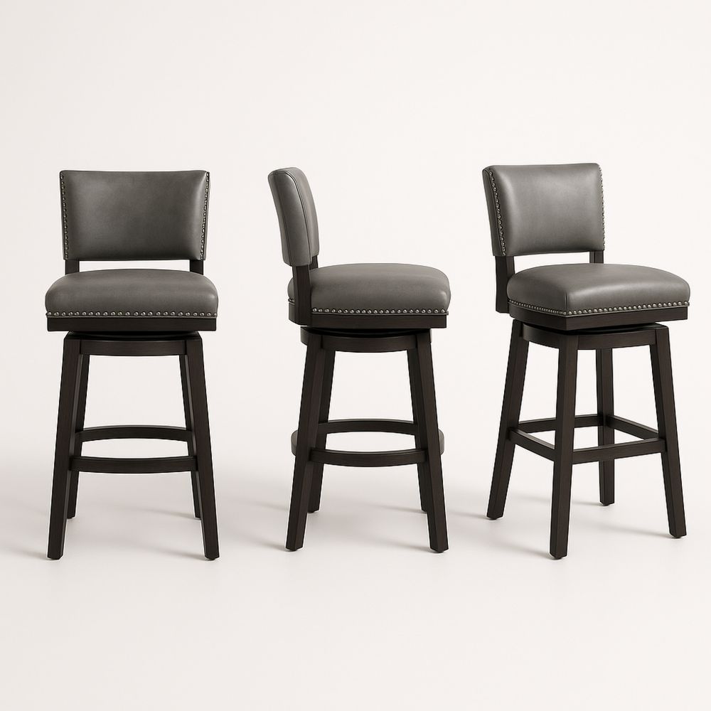 Grey Faux Leather Swivel Bar Stools with Solid Wood Legs and Nailhead Trim-Formdecory
