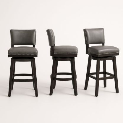 Grey Faux Leather Swivel Bar Stools with Solid Wood Legs and Nailhead Trim-Formdecory