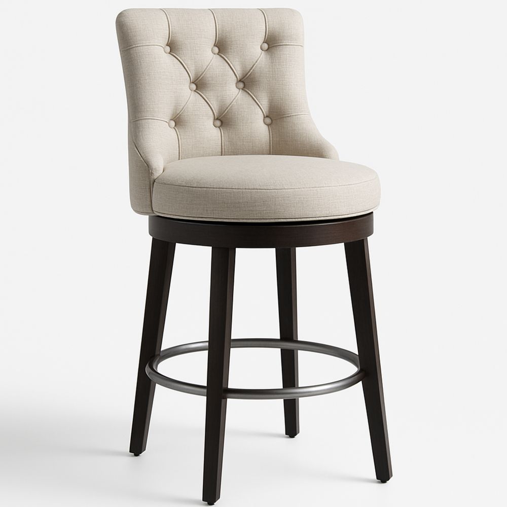 Linen Upholstered Swivel Bar Stool with Dark Wood Frame-Formdecory