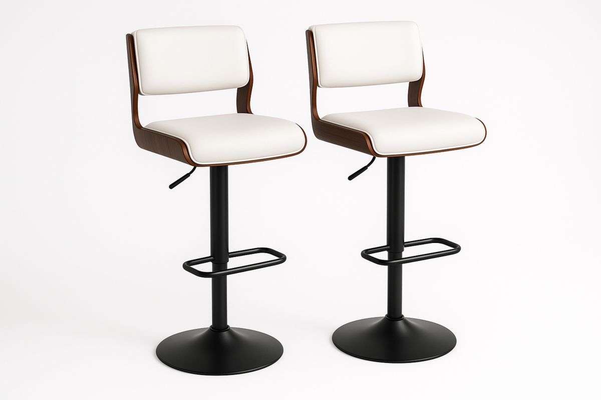 Set of 2 Adjustable Bar Stools White Faux Leather Black Metal-Formdecory