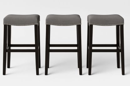 Set of 3 Grey Polyester Bar Stools with Dark Wood Frame-Formdecory