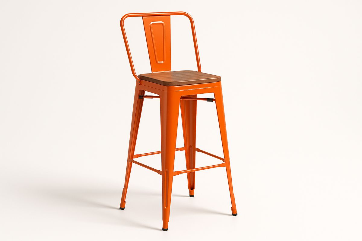 Orange Metal Bar Stool with Wooden Seat-Formdecory