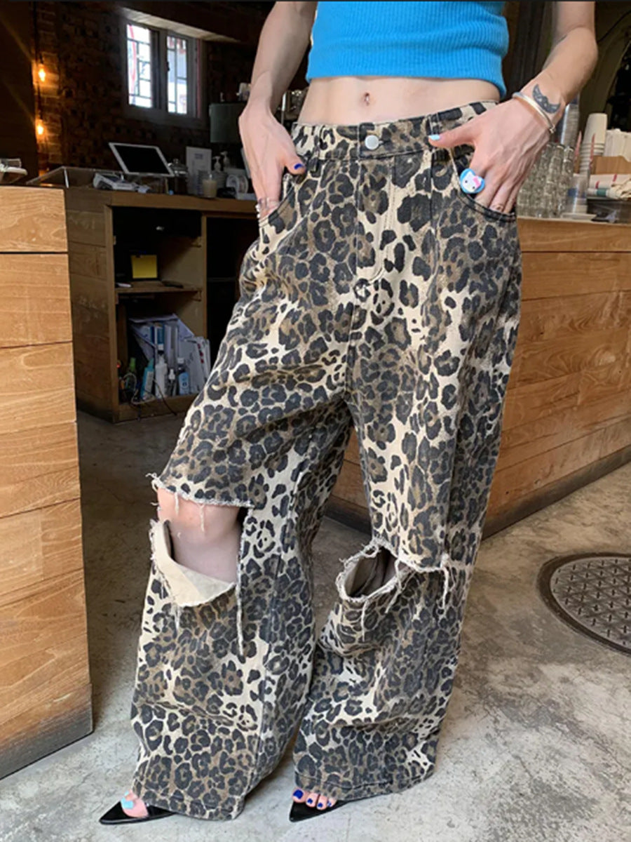 Vintage Leopard Print High Waist Straight Leg Ripped Jeans-Massicos