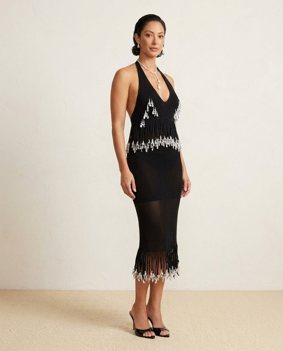 Black Charm Wedding Guest Sheer Jumpsuit Black Jumpsuit with Cropped silhouette and Ribbed Knit texture, front view product image for Wedding Guest, a gallery evening, Fall current summer selling first with a light late-summer/pre-fall accent: make it wea by Massicos