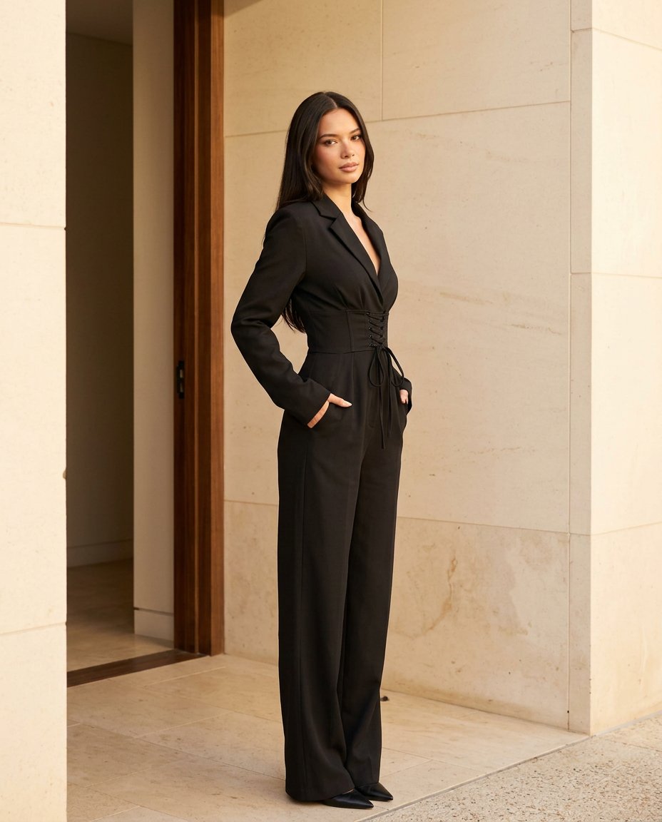 Black Bloom Wedding Guest Textured Jumpsuit Black Jumpsuit with Wide-Leg silhouette and Textured texture, front view product image for Wedding Guest, a cafe plan, Fall current summer selling first with a light late-summer/pre-fall accent: make it wearable by Massicos