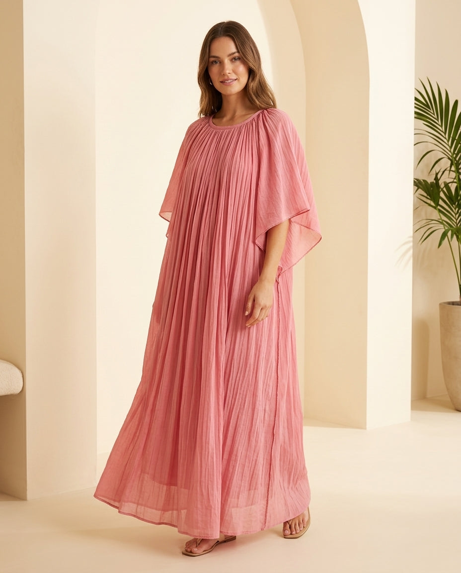 Pink Bloom Summer Pleated Maxi Dress Pink Maxi Dress with Asymmetric silhouette and Textured texture, front view product image for Wedding Guest, a private garden lunch, US East / Hamptons Elite by Massicos