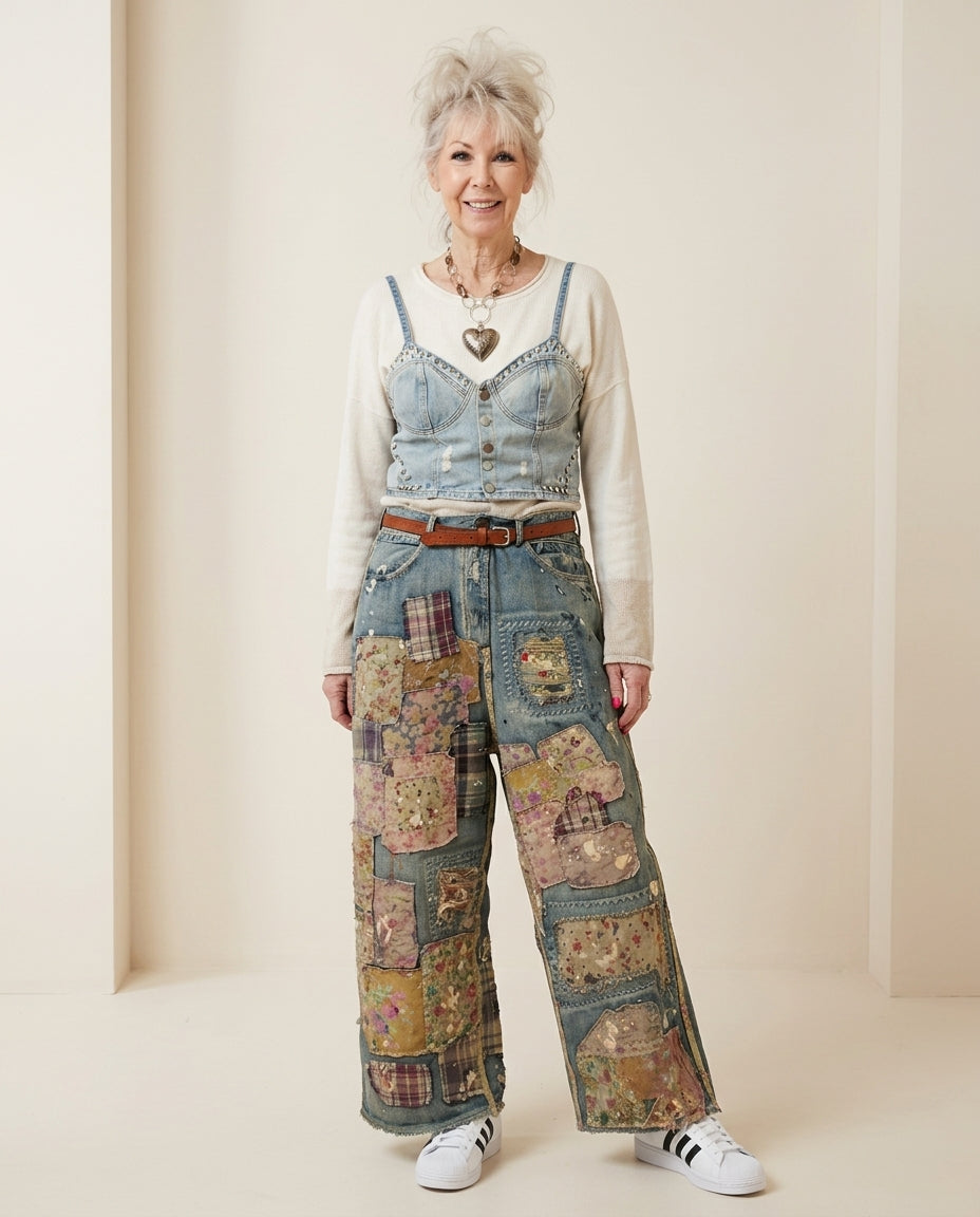 Denim Poise Summer Floral Pants Denim Pants with Wide-Leg silhouette and Textured texture, front view product image for Business Casual, a Palm Springs weekend, US Coastal Glam by Massicos