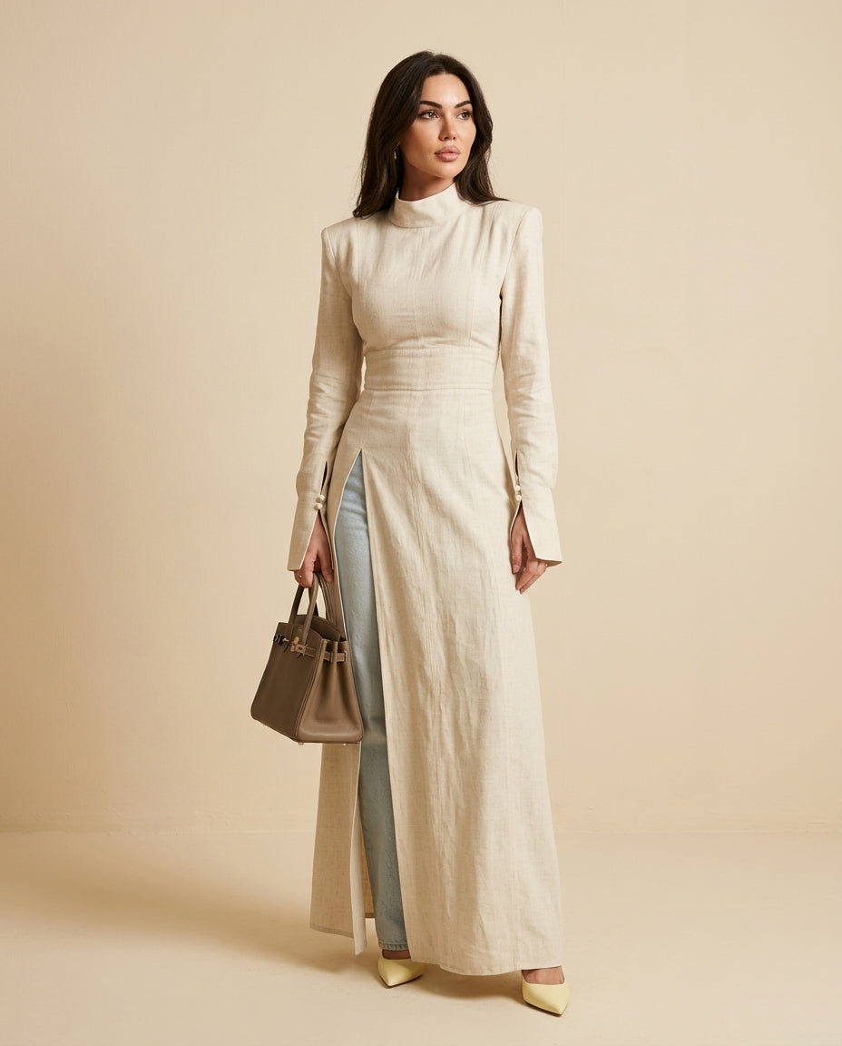 Ivory Velvet Summer Linen Maxi Dress Ivory Maxi Dress with Structured silhouette and Linen Blend texture, front view product image for Vacation Evening, a polished coastal brunch, US East / Hamptons Elite by Massicos