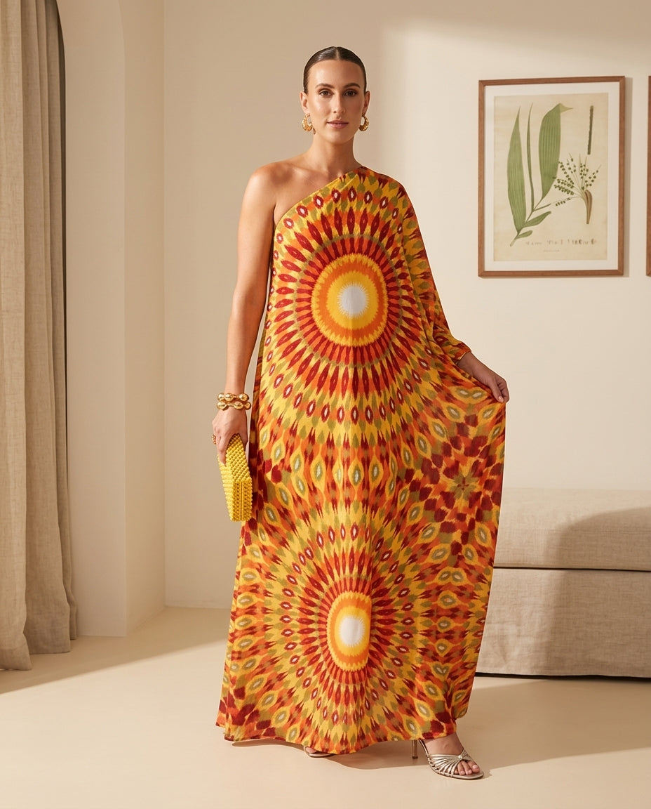 Butter Yellow Reverie Resort Printed Maxi Dress Butter Yellow Maxi Dress with Asymmetric silhouette and Textured texture, front view product image for Resort Wear, a rooftop dinner in LA, US Coastal Glam by Massicos