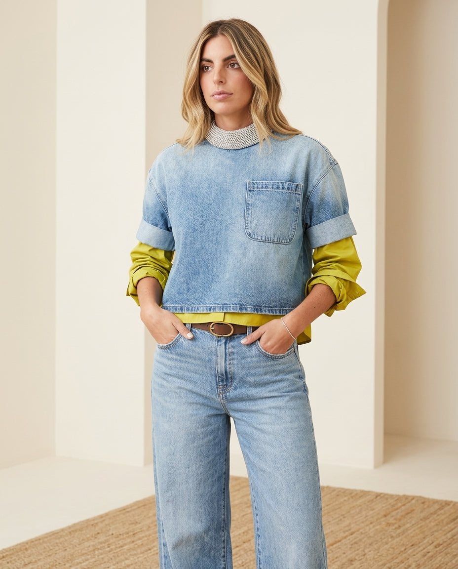 Light Blue Velvet Summer Denim Two-Piece Set Light Blue Two-Piece Set with Cropped silhouette and Textured texture, front view product image for Vacation Set, a private garden lunch, US East / Hamptons Elite by Massicos