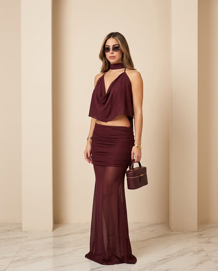 Burgundy Muse Evening Ruched Skirt Set Burgundy Skirt Set with Asymmetric silhouette and Textured texture, front view product image for Date Night, an estate dinner at golden hour, US East / Hamptons Elite by Massicos