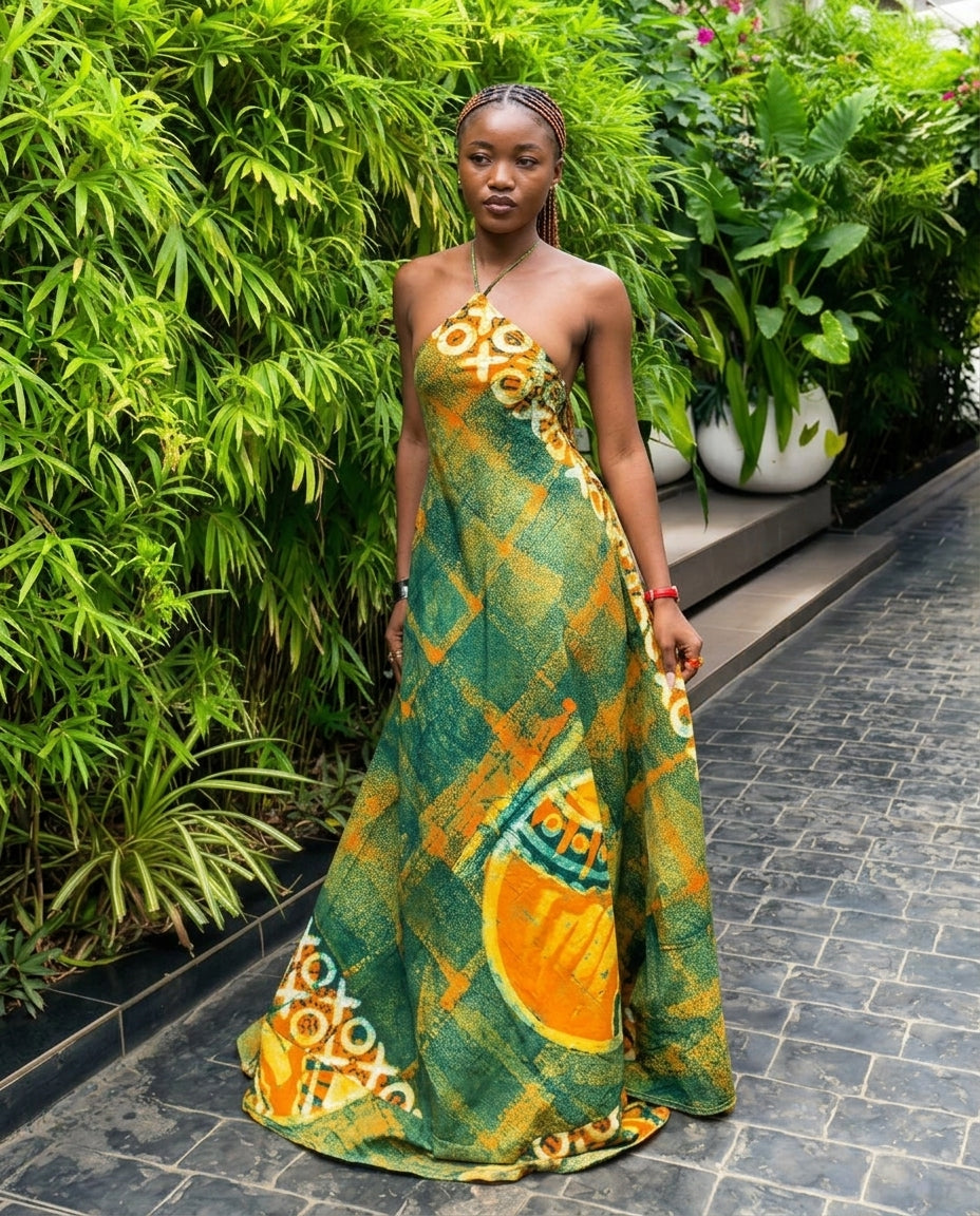 Sage Velvet Resort Abstract Print Maxi Dress Sage Maxi Dress with Relaxed Fit silhouette and Textured texture, front view product image for Resort Wear, a polished coastal brunch, US East / Hamptons Elite by Massicos