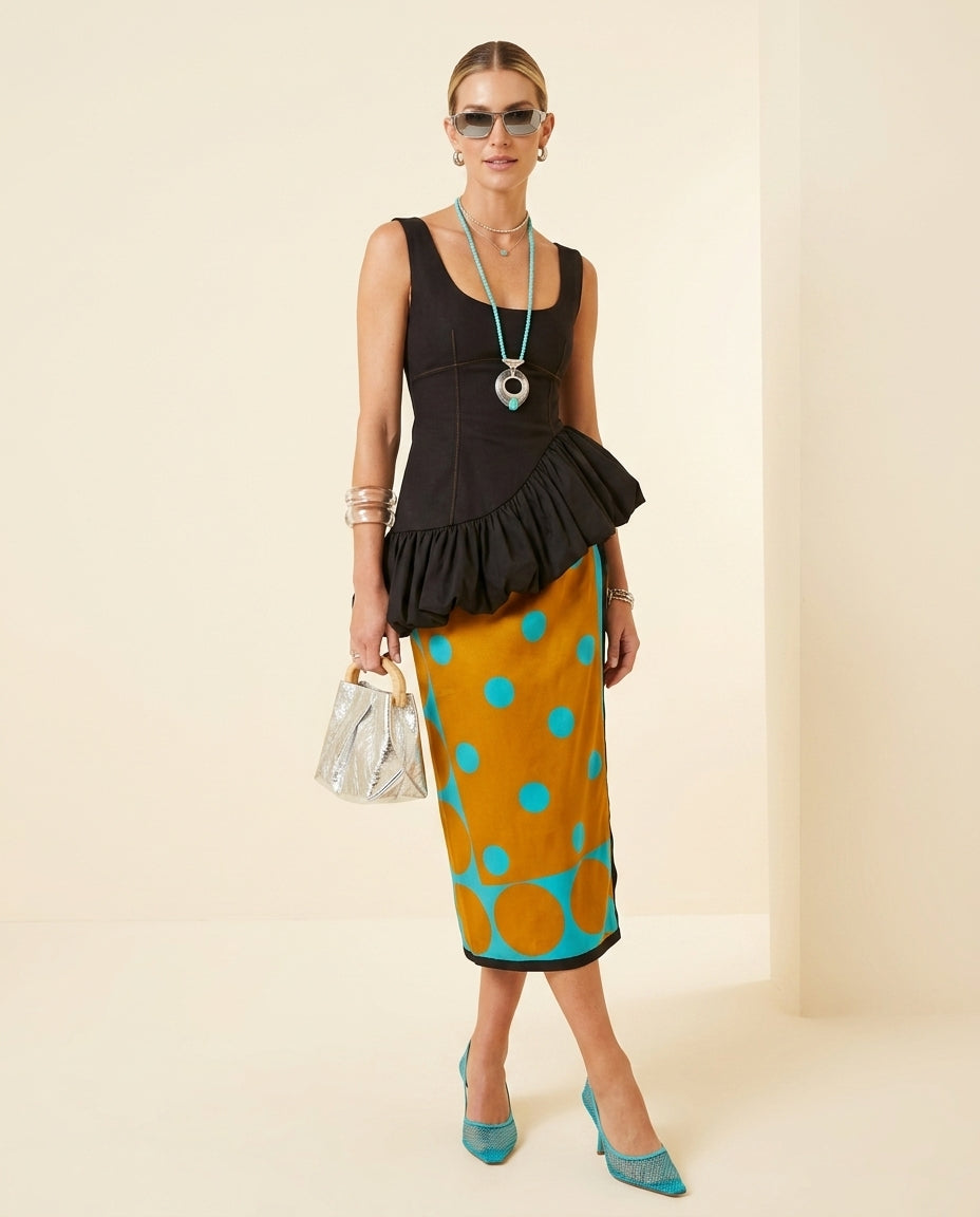 Black Allure Summer Polka Dot Skirt Set Black Skirt Set with Relaxed Fit silhouette and Textured texture, front view product image for Vacation Set, a gallery opening in Paris, Euro Chic Premium by Massicos