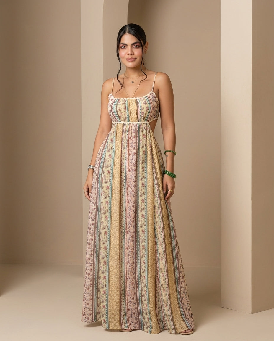 Butter Yellow Allure Resort Floral Maxi Dress Butter Yellow Maxi Dress with Relaxed Fit silhouette and Textured texture, front view product image for Resort Wear, Sunset in Malibu, US Coastal Glam by Massicos
