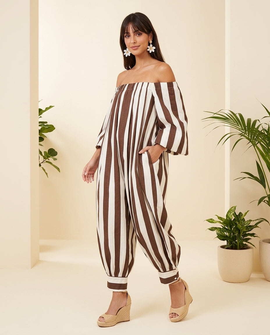 Brown Aura Resort Striped Jumpsuit Brown Jumpsuit with Wide-Leg silhouette and Linen Blend texture, front view product image for Resort Wear, a private garden lunch, US East / Hamptons Elite by Massicos