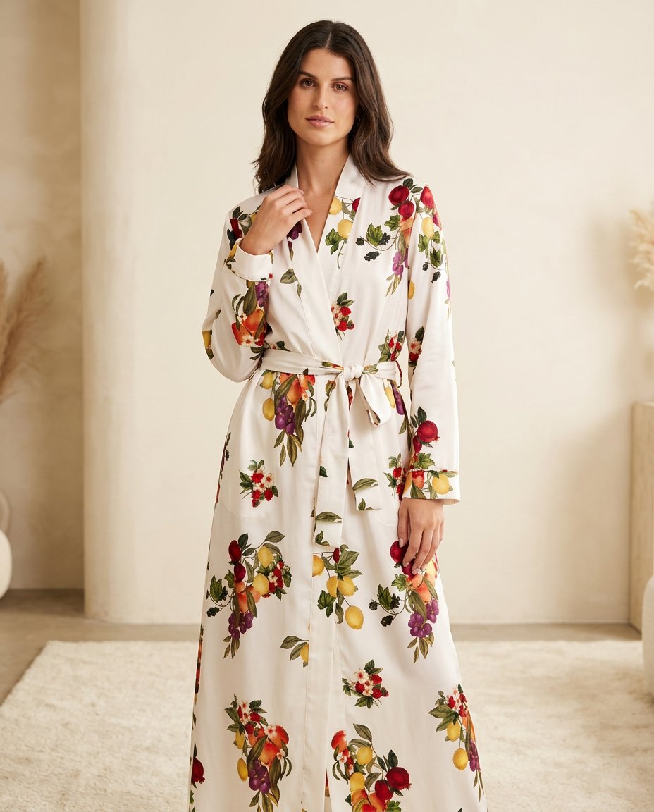 Ivory Aura Resort Printed Jacket Ivory Jacket with Asymmetric silhouette and Satin texture, front view product image for Resort Wear, a London dinner reservation, Euro Chic Premium by Massicos
