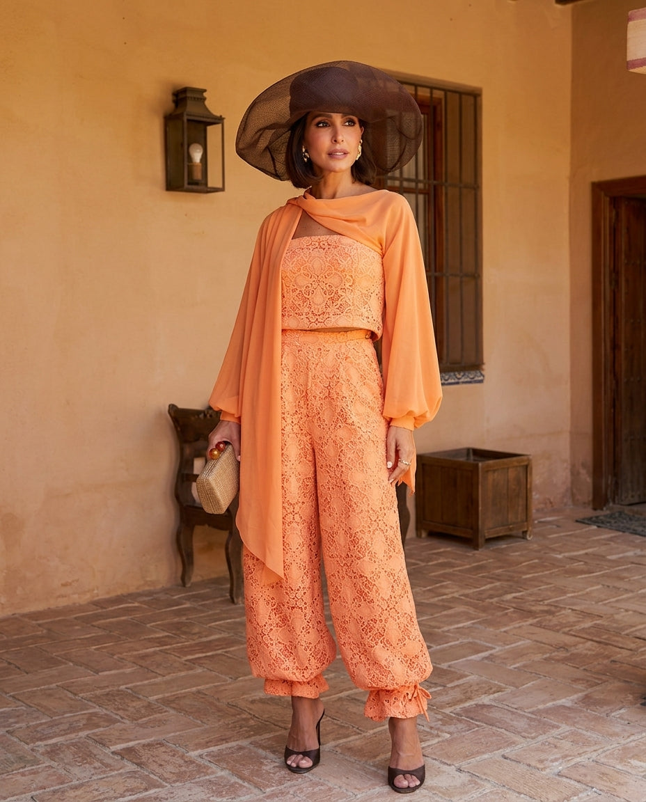 Orange Grace Summer Lace Jacket Orange Jacket with Wide-Leg silhouette and Textured texture, front view product image for Business Casual, Evening in Amalfi, Euro Chic Premium by Massicos