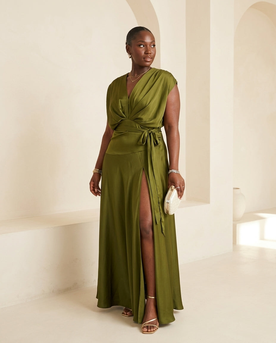 Olive Green Grace Summer Satin Maxi Dress Olive Green Maxi Dress with Asymmetric silhouette and Satin texture, front view product image for Resort Dinner, Brunch in SoHo, US Coastal Glam by Massicos